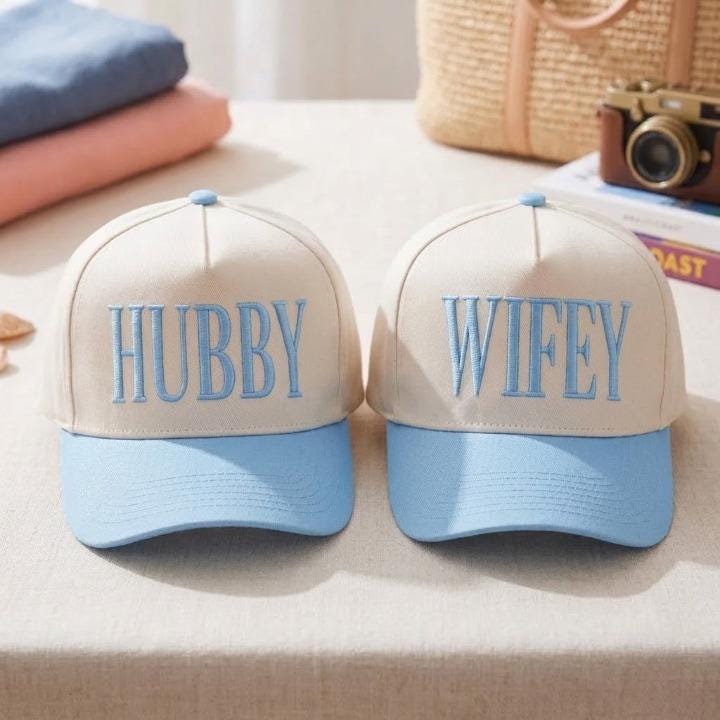 Matching light blue Hubby Wifey couple hats