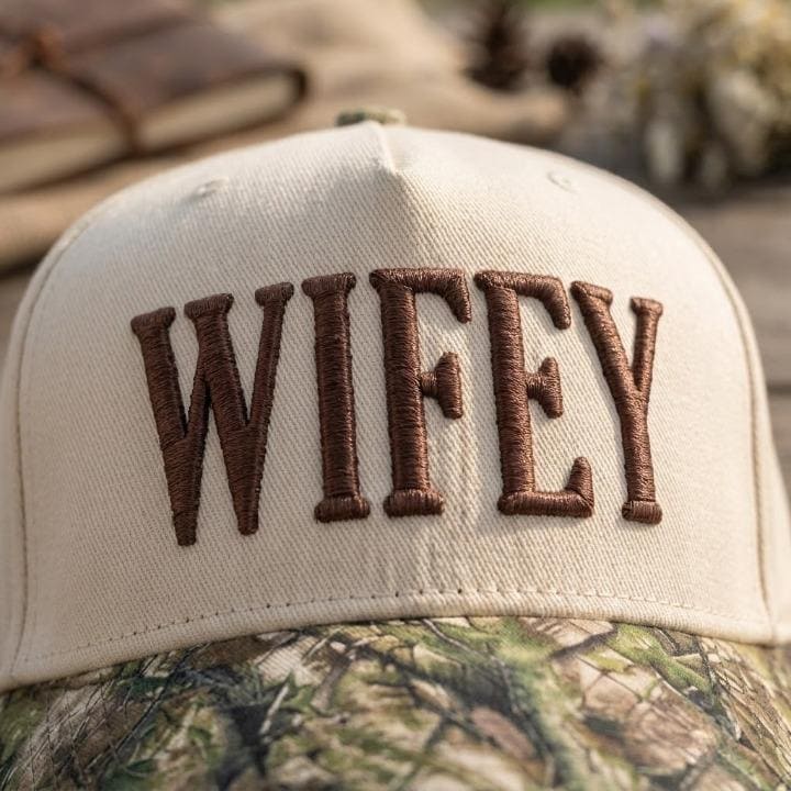 Close-up of raised brown Wifey embroidery on a cream hat