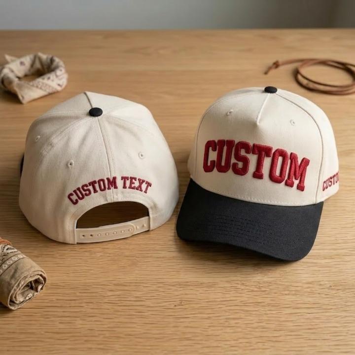 Cream custom text baseball cap with black brim shown beside its back view