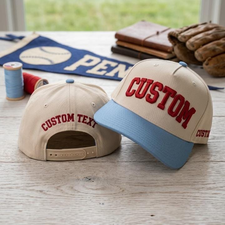 Front and back views of a cream custom baseball cap with blue brim and bold red lettering