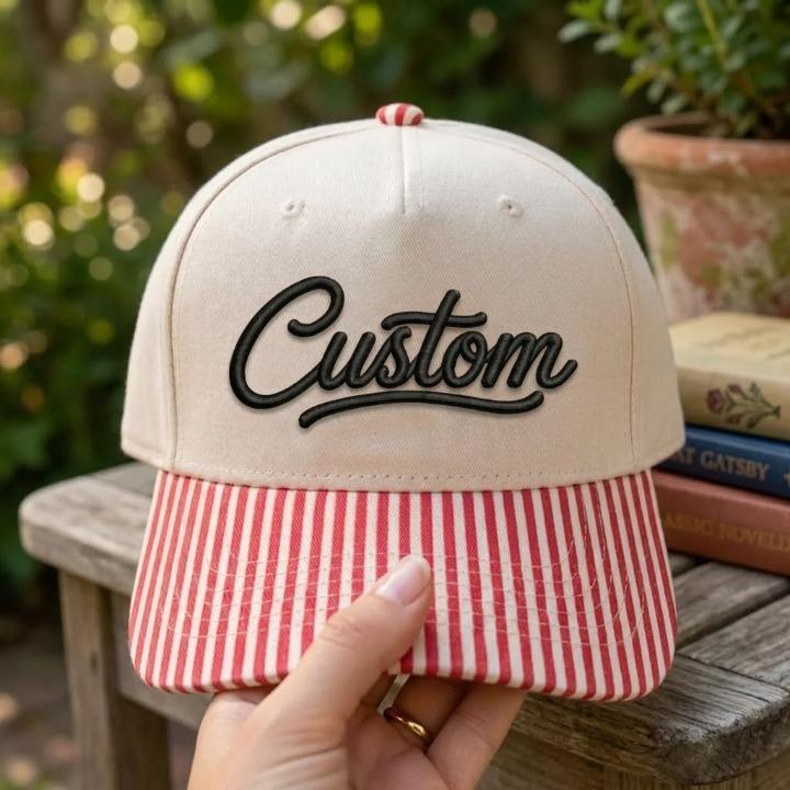 Khaki Custom script hat with red and white striped brim held outdoors