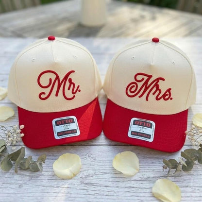 Matching cream and red Mr. and Mrs. embroidered hats