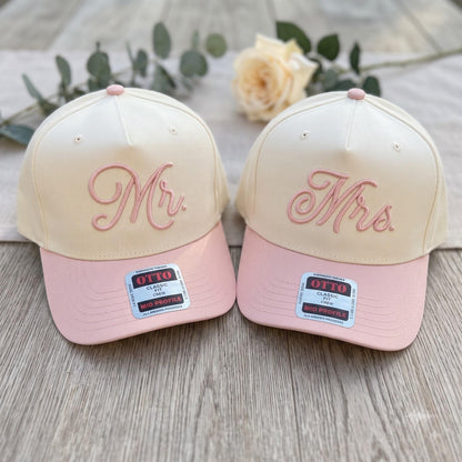 Matching cream and pink Mr. and Mrs. embroidered hats