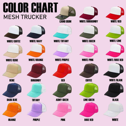 Mesh trucker hat color chart showing multiple cap color combinations