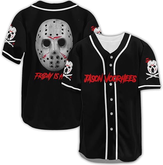 Black Jason Voorhees baseball jersey with hockey mask and Friday the 13th horror graphics