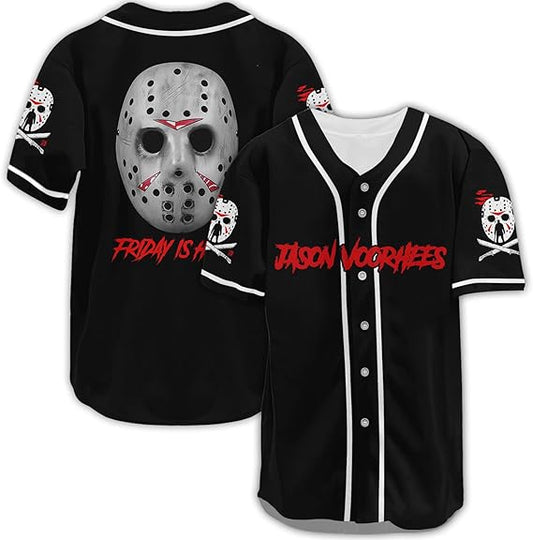 Black Jason Voorhees baseball jersey with hockey mask and Friday the 13th horror graphics