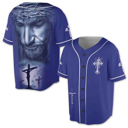 Blue Christian jersey with Jesus portrait and crucifixion graphic