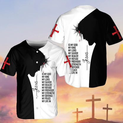 Christian baseball jersey in black and white with Jesus wearing crown of thorns and bold statement of faith