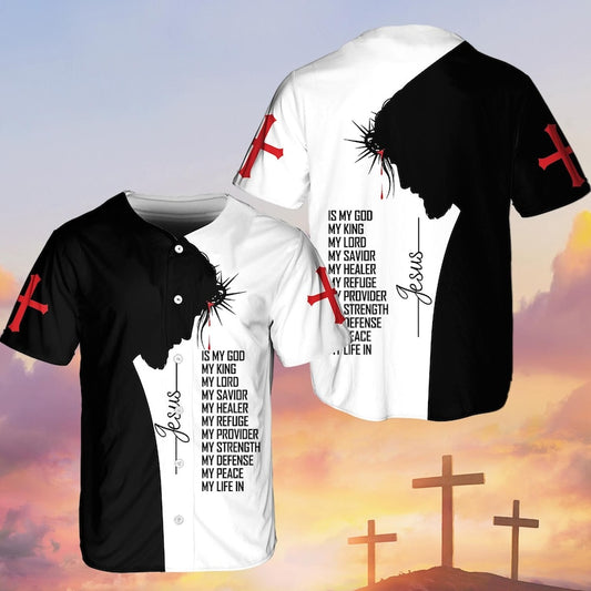 Christian baseball jersey in black and white with Jesus wearing crown of thorns and bold statement of faith