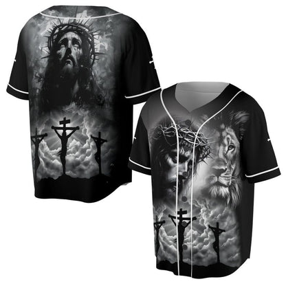 Christian baseball jersey featuring Jesus, lion, crown of thorns, and crucifixion scene in grayscale
