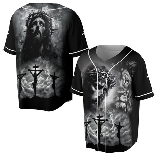 Christian baseball jersey featuring Jesus, lion, crown of thorns, and crucifixion scene in grayscale