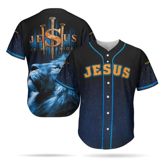Christian baseball jersey with gold Jesus text on front and blue lion with Savior message on back