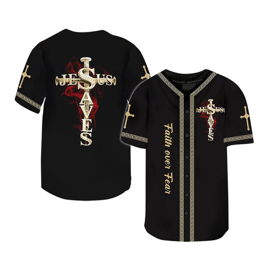 Black and gold Christian baseball jersey with “Jesus Saves” nail cross and Faith over Fear text