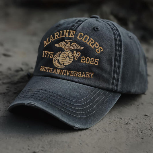Distressed black embroidered hat with USMC emblem, 1775–2025 dates, and 250th Anniversary text – tribute to Marine Corps heritage.