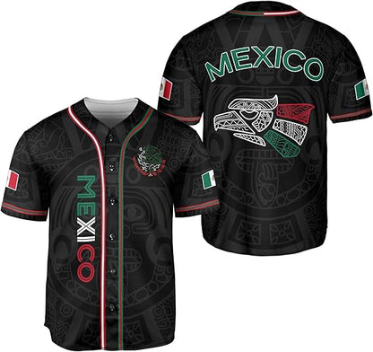 Black Mexico baseball jersey with tribal eagle head on back, Aztec calendar background, and vertical flag-colored script