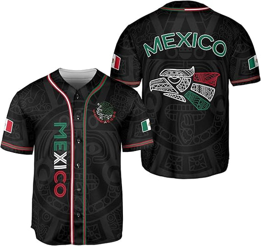 Black Mexico baseball jersey with tribal eagle head on back, Aztec calendar background, and vertical flag-colored script