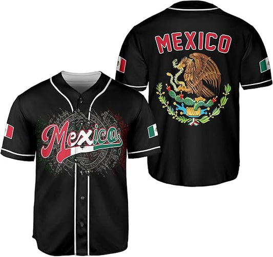 Black baseball jersey with Mexico script over Aztec calendar design on front and flag crest with arched text on back