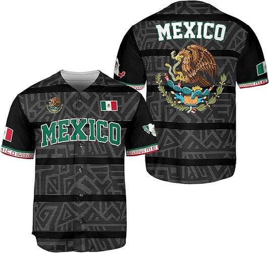 Black Mexico baseball jersey with Aztec stripe pattern, green varsity text, crest and flag sleeve details