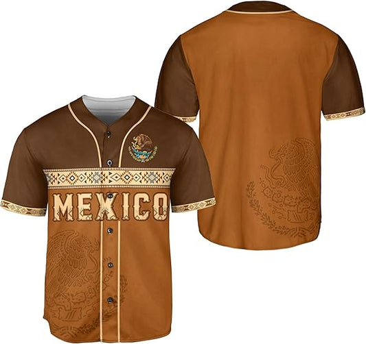 Brown Mexico baseball jersey with Aztec-style patterns, national emblem, and cream tribal borders