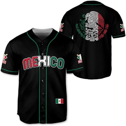 Black Mexico baseball jersey with green trim, red-white-green “Mexico” text, and small Mexican flag patch