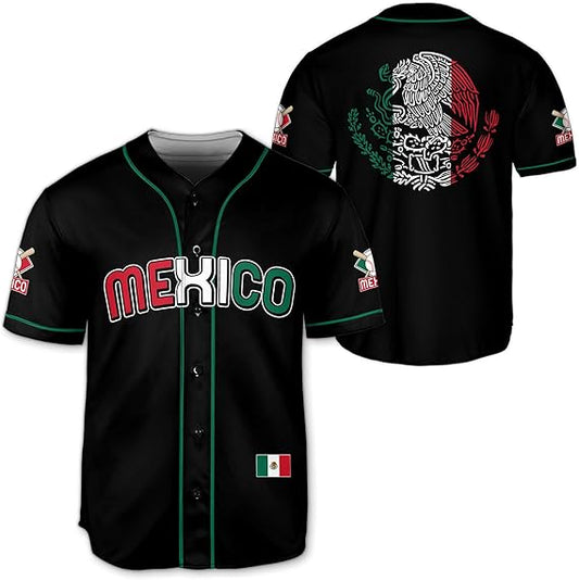 Black Mexico baseball jersey with green trim, red-white-green “Mexico” text, and small Mexican flag patch