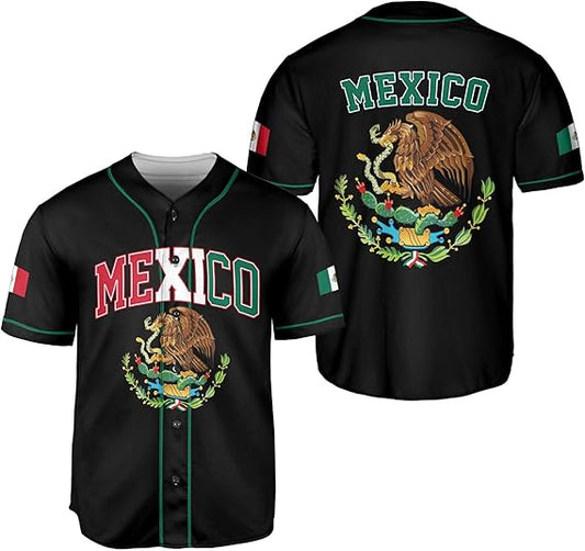 Black Mexico baseball jersey with red, white, and green lettering, eagle crest on front and back, and sleeve flag patches