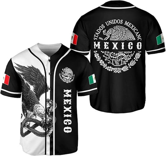 Mexico baseball jersey in black and white with eagle and snake artwork and Mexican flag patches
