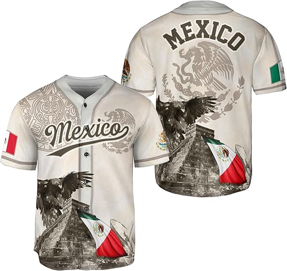 White Mexico baseball jersey featuring pyramid, eagle, and national flag with Aztec-style background