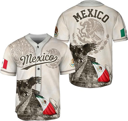 White Mexico baseball jersey featuring pyramid, eagle, and national flag with Aztec-style background