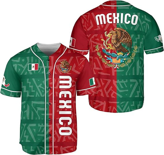 Mexico flag baseball jersey with red and green split design, vertical text, national crest, and sleeve flag patches
