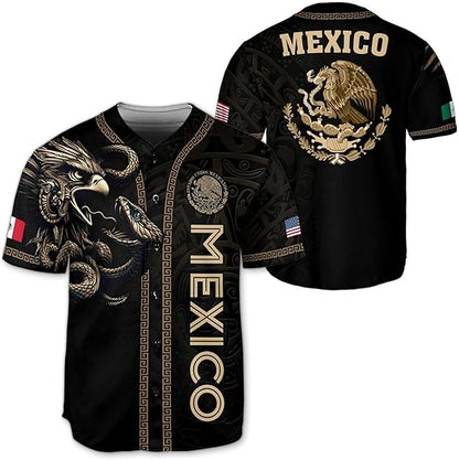 Black and gold Mexico baseball jersey with tribal eagle and serpent design, Aztec border, and national crest on back