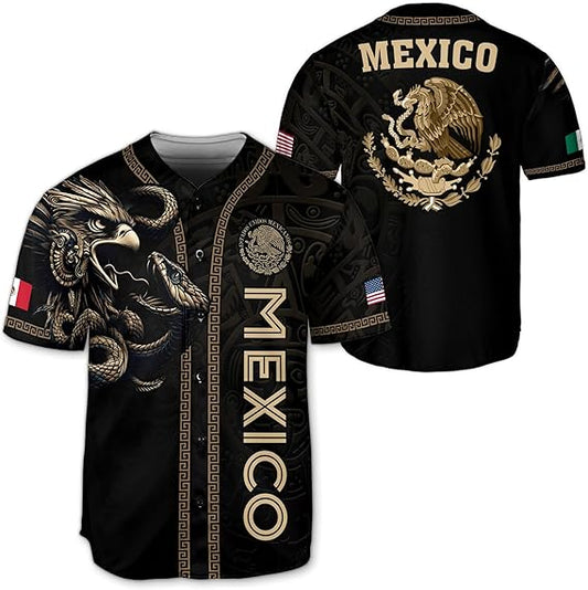 Black and gold Mexico baseball jersey with tribal eagle and serpent design, Aztec border, and national crest on back
