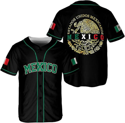 Black Mexico jersey with golden eagle crest, green piping, and national flag patches on sleeves