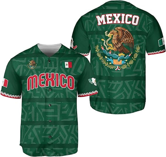 Green Mexico baseball jersey with Aztec background, red MEXICO text, national crest front and back, and sleeve flag patches