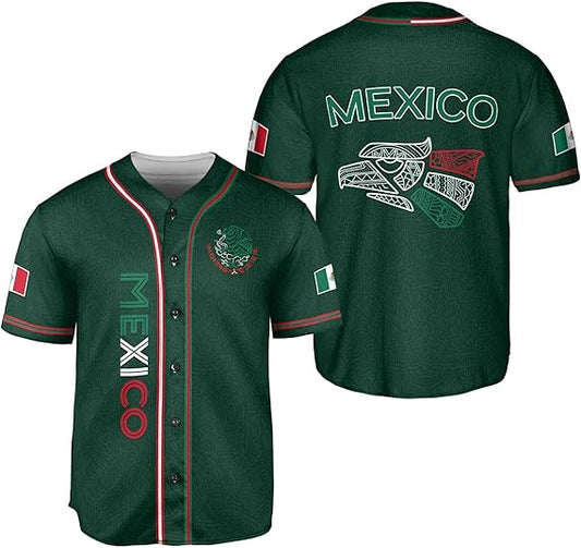 Green baseball jersey with tribal eagle head graphic, Mexico lettering, and flag patches on sleeves