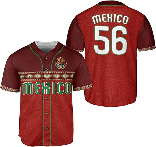 Red Mexico baseball jersey with Aztec calendar pattern, green MEXICO text, national crest, and number 56 on back