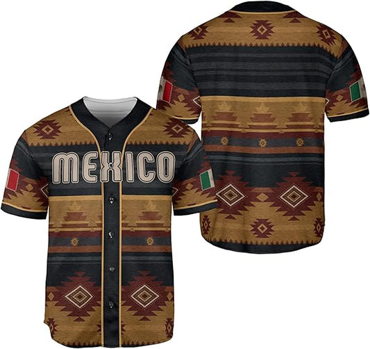 Mexico baseball jersey with brown, red, and black tribal serape pattern, retro text, and flag patches on sleeves