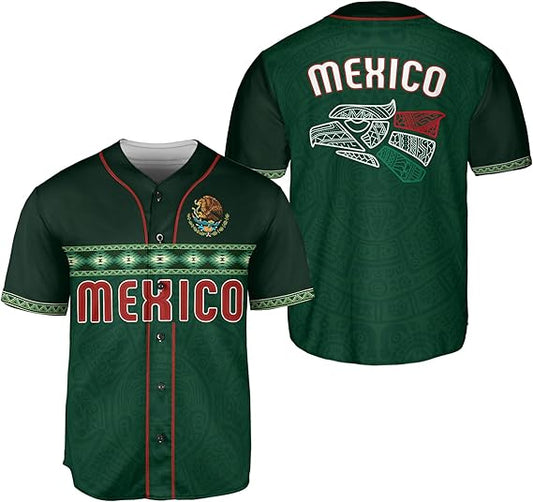 Green Mexico baseball jersey with tribal eagle design, Aztec patterns, and red-white-green heritage details
