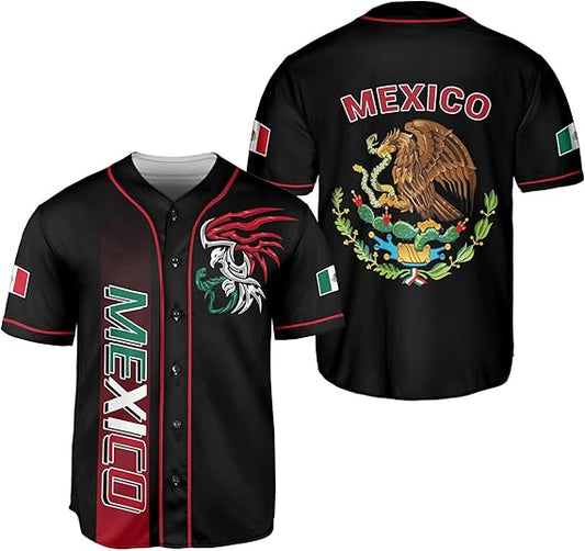 Black baseball jersey with tribal eagle and vertical Mexico text on front, national flag crest and red accents on back