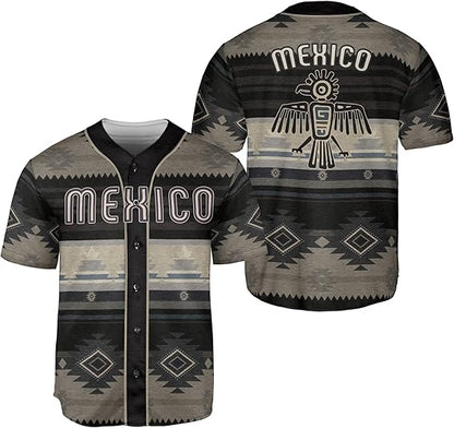 Mexico baseball jersey with tribal Aztec patterns, faded black and tan tones, and thunderbird symbol on the back