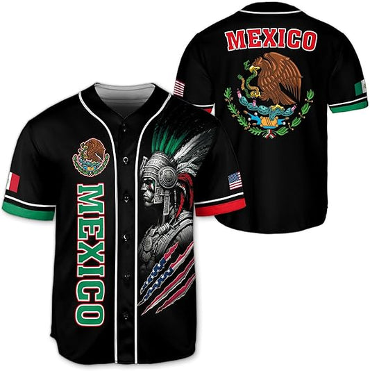 Black baseball jersey with vertical Mexico text, Aztec warrior graphic, American flag accents, and Mexican coat of arms on the back