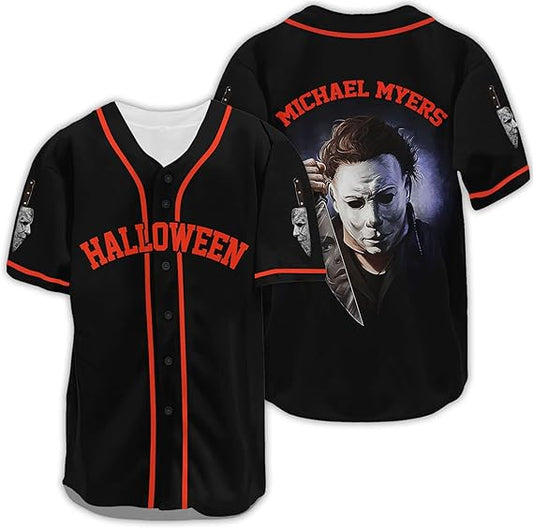 Black and orange Halloween baseball jersey featuring Michael Myers with knife on the back and bold horror graphics