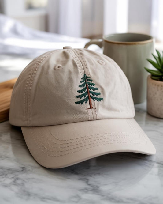 Beige dad hat with embroidered pine tree in forest green