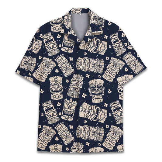 Navy blue Hawaiian shirt featuring beige tribal tiki masks, perfect for summer and beachwear