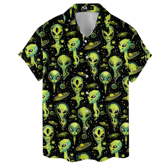 Black Hawaiian shirt with neon green alien faces and galactic background