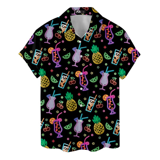 Neon Cocktail Hawaiian Shirt with tropical drink and fruit icons on black background