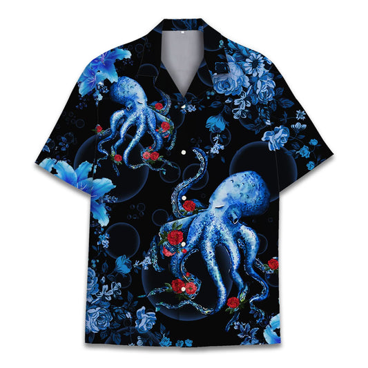 Black Hawaiian shirt featuring blue octopuses, red roses, and floral ocean elements – artistic and bold summerwear