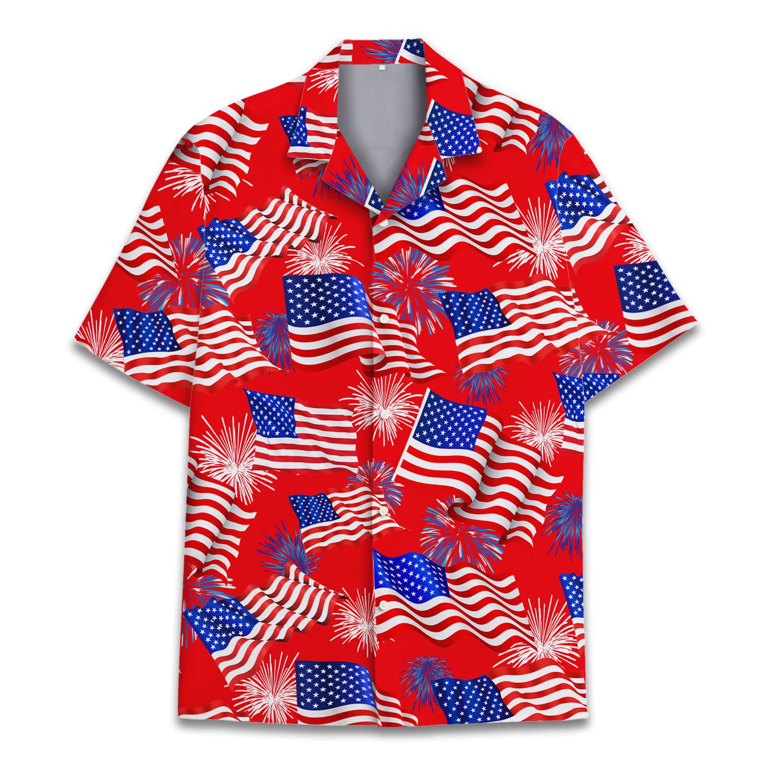 Red Hawaiian shirt with American flags and fireworks, perfect for 4th of July