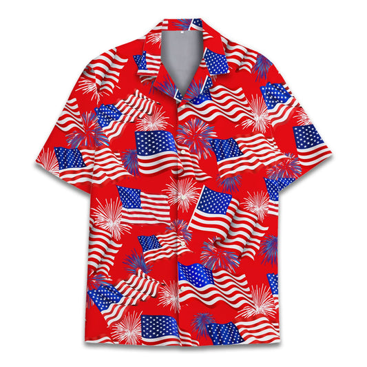 Red Hawaiian shirt with American flags and fireworks, perfect for 4th of July