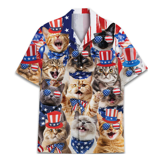 Patriotic cats in American flag outfits on Hawaiian shirt – funny 4th of July theme